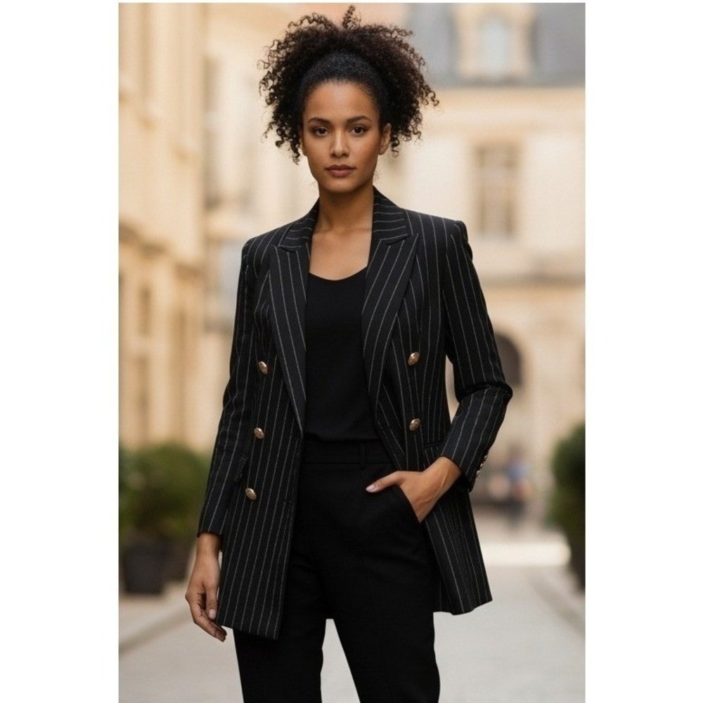 ESCADA MARGARETHA LEY Black Pinstripe Double Breasted Blazer Jacket Wool Size 34